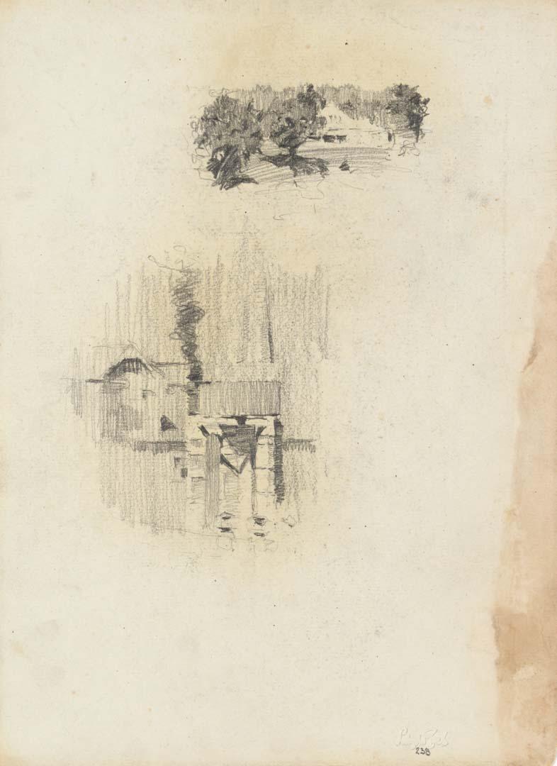 Artwork House amongst trees; Gateway with house this artwork made of Pencil on sketch paper, created in 1914-01-01