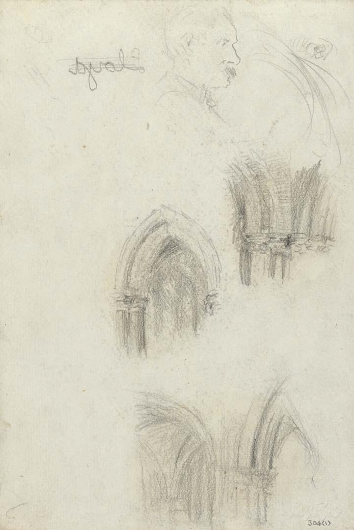 Artwork Studies of the interior of St John's Cathedral; Man's profile this artwork made of Pencil on folded sketch paper, created in 1914-01-01