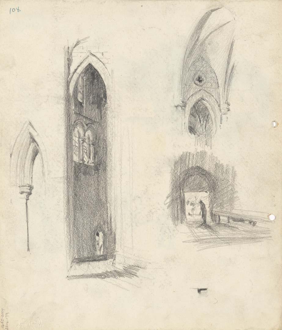 Artwork Aisle in the Cathedral; Cathedral doorway; Architectural details this artwork made of Pencil on sketch paper, created in 1914-01-01