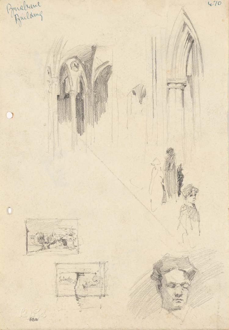 Artwork St John's Cathedral interior details; Garden; Pier of Albert Bridge; Angèle Rees; People this artwork made of Pencil on sketch paper, created in 1914-01-01