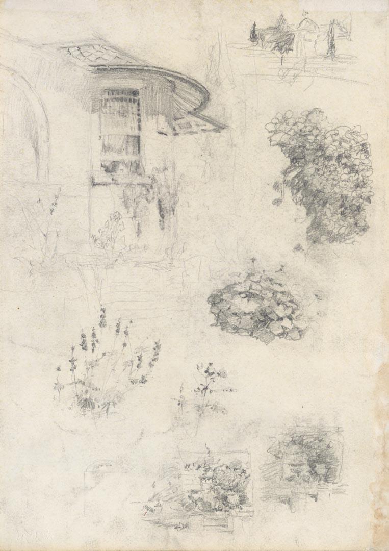 Artwork Studies of the L’Estrange house and garden this artwork made of Pencil on sketch paper, created in 1916-01-01