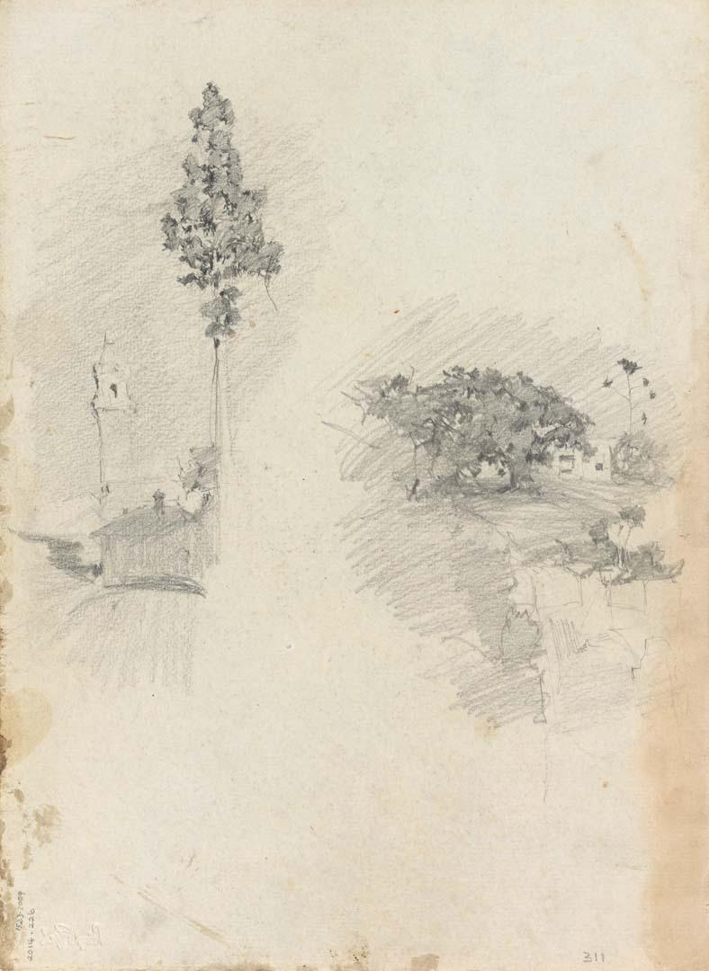 Artwork Tree and tower; Trees and houses this artwork made of Pencil on sketch paper, created in 1914-01-01