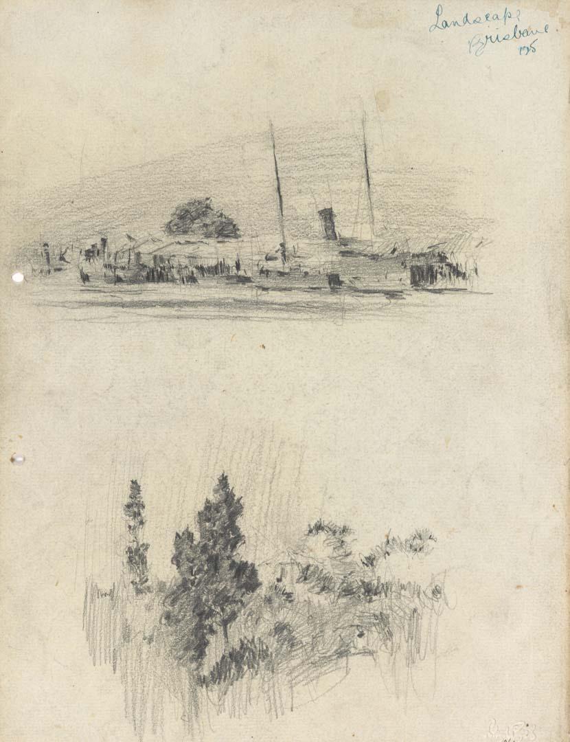 Artwork Steamer 'Musgrave' at rest, Kangaroo Point; Pine trees this artwork made of Pencil on sketch paper, created in 1914-01-01