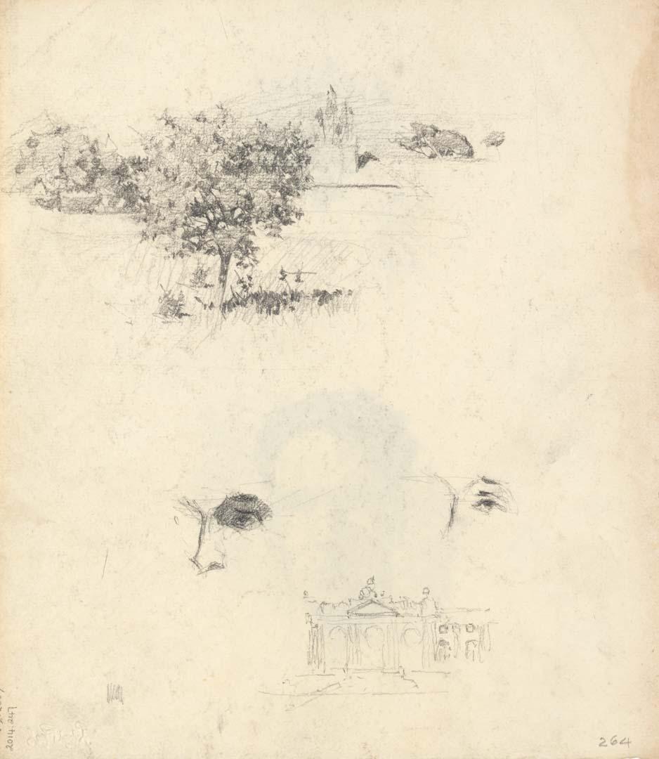 Artwork A view with trees; Studies of eyes; Building this artwork made of Pencil on sketch paper, created in 1914-01-01