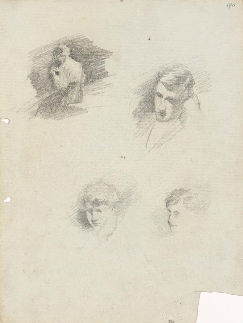 Artwork A page of portraits - Enid, Fred, Ethel S. and Jean this artwork made of Pencil on sketch paper, created in 1914-01-01