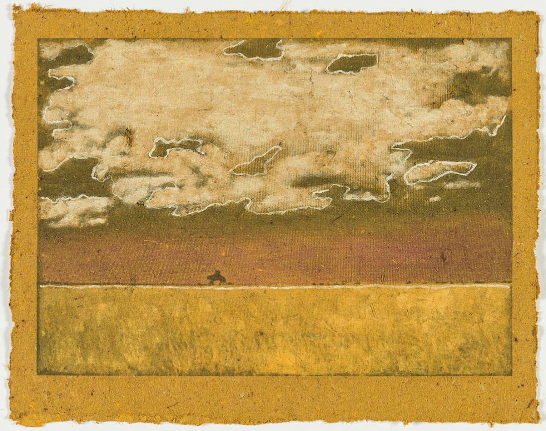 Artwork 6. Pioneer dreaming (from 'Pioneer dreaming' series within the 'Spirit landscapes' series) this artwork made of Digital print on handmade paper, hand-coloured with ochre, created in 2013-01-01