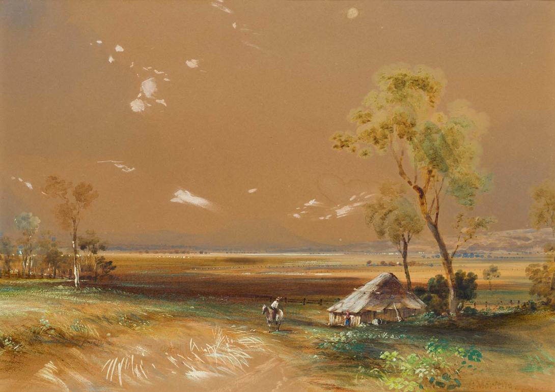 Artwork The bark hut on the plain, Darling Downs, Qld., Mount Sturt from Glengallan this artwork made of Watercolour and gouache on paper