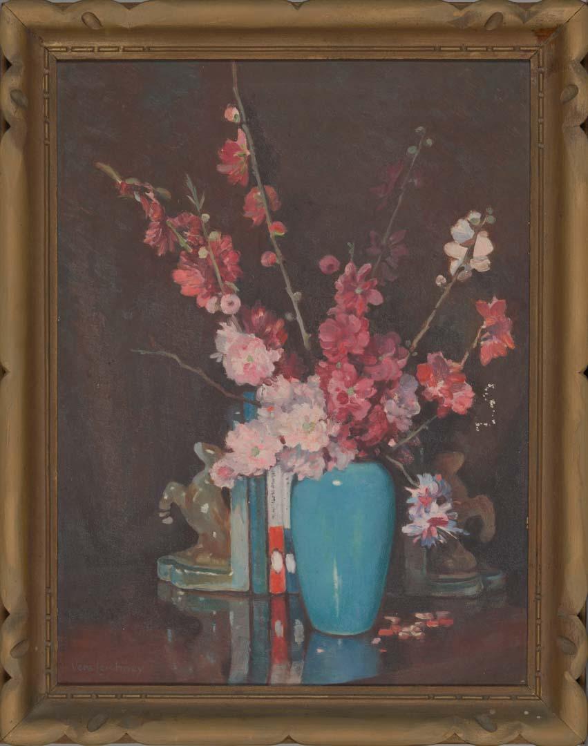 Artwork (Still life with blossoms and bookends) this artwork made of Oil on canvas, created in 1930-01-01