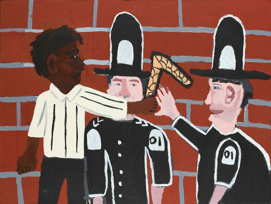 Artwork Albert Namatjira selling artefacts to policemen (from 'Albert's Story' series) this artwork made of Synthetic polymer paint on linen, created in 2014-01-01