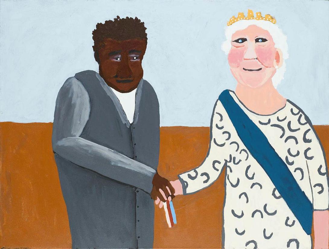 Artwork Albert Namatjira receiving Coronation Medal from Her Majesty (from 'Albert's Story' series) this artwork made of Synthetic polymer paint on linen, created in 2014-01-01