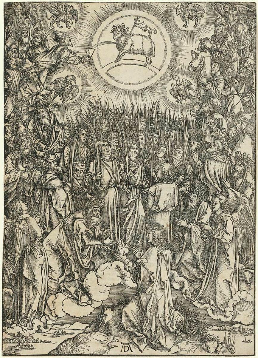 Artwork The Adoration of The Lamb (from 'The Apocalypse' series) this artwork made of Woodcut on laid paper, created in 1496-01-01