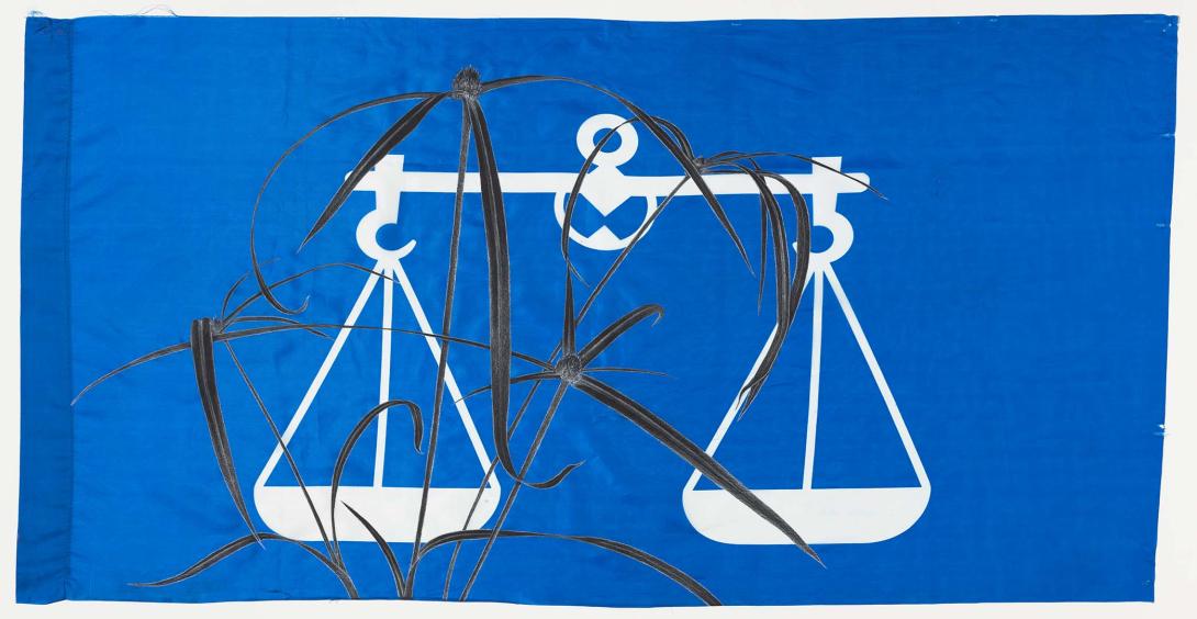 Artwork Weeds/Rumpai Series II - Rumput butong/White water sedge ('Kyllinga nemoralis') this artwork made of Fabric paint and wax crayon on polyester flag, created in 2015-01-01