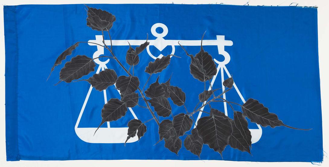 Artwork Weeds/Rumpai Series II - Bodhi ('Ficus religiosa') this artwork made of Fabric paint and wax crayon on polyester flag, created in 2015-01-01