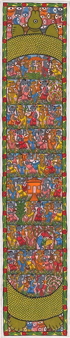 Artwork Santhal Story of Origin this artwork made of Natural colour on mill-made paper with fabric backing, created in 2015-01-01