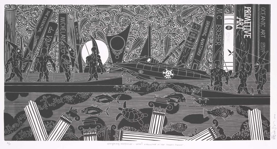 Artwork Navigating narrative - Nemo's encounter in the Torres Strait this artwork made of Linocut on BFK Rives white 300gsm paper printed in black ink (Heidelberg Black Pantone) from one block, created in 2012-01-01