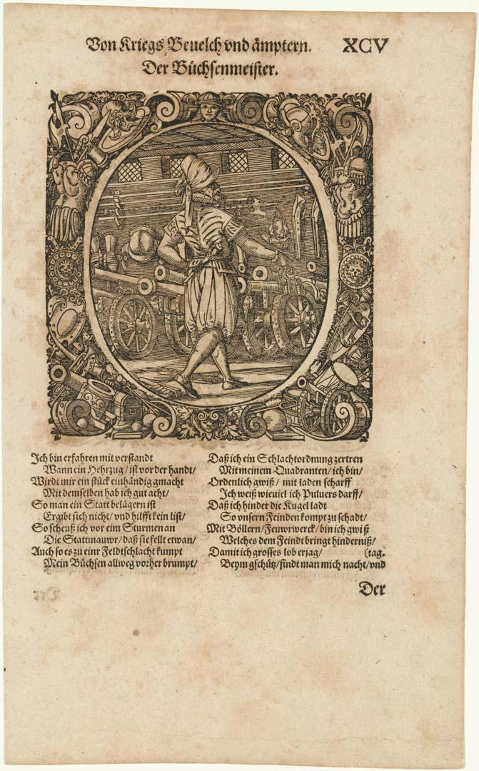 Artwork Der Zeugwart 
Der Bucksenmeister (from 'Das Kriegsbuch' (The War Book)) this artwork made of Woodcut page, double-sided on paper, created in 1560-01-01