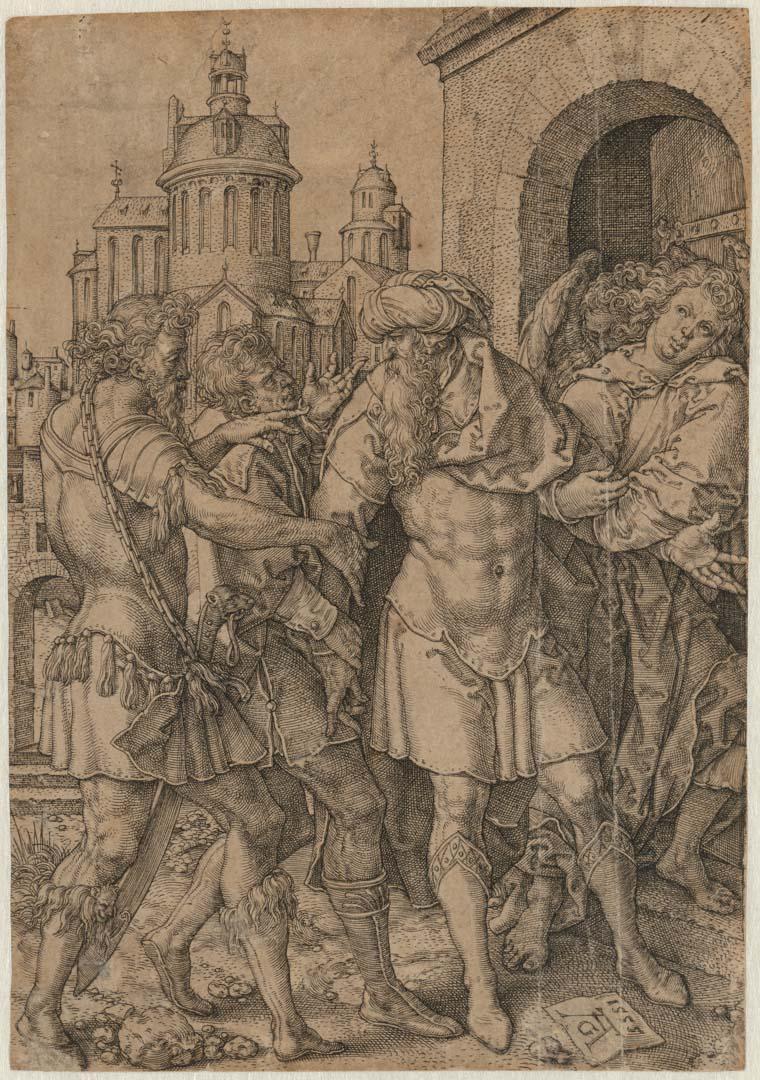 Artwork Lot Prevents the Inhabitants of Sodom from Violence (from a set of four plates on 'The Story of Lot') this artwork made of Engraving on paper, created in 1555-01-01