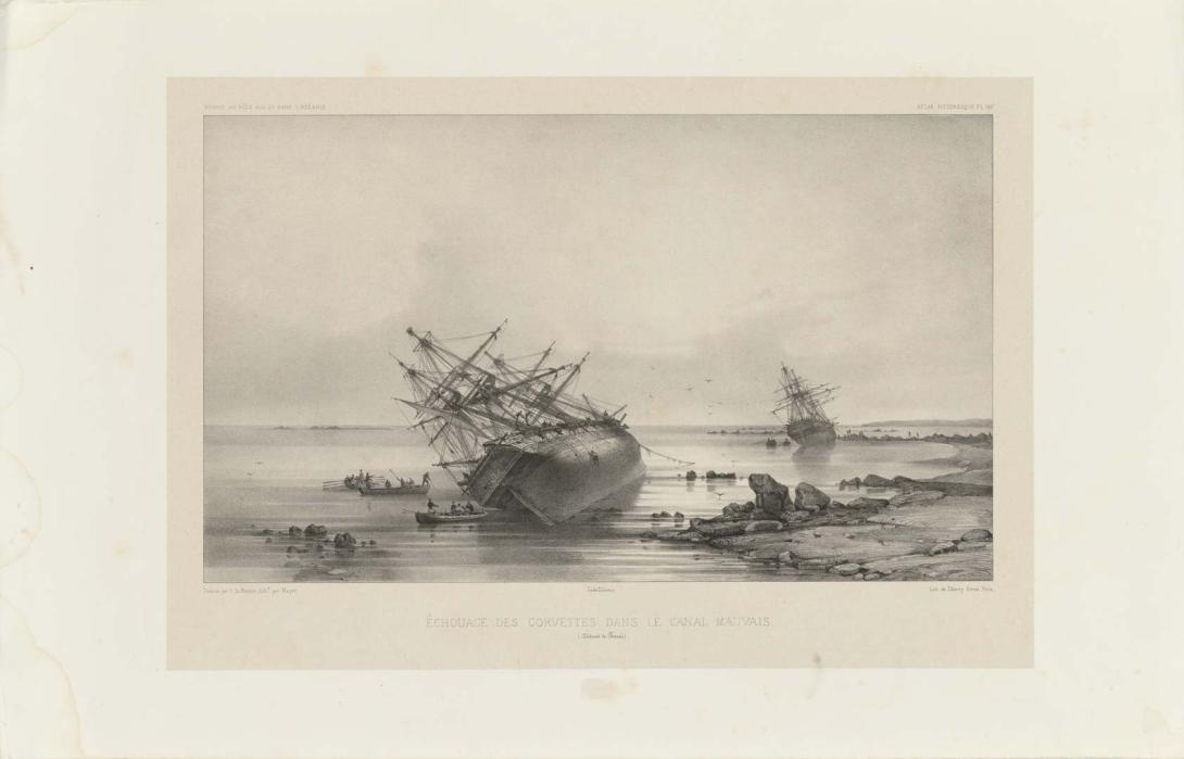 Artwork Echouage des corvettes dans le Canal Mauvais, Detroit de Torres (The grounding of the corvettes in the Canal Mauvais, Torres Strait) (plate 187 from the Atlas Pittoresque of 'Voyage Au Pole Sud Et Dans L’Oceannie' (Official report of Dumont d’Urville’s s this artwork made of Lithograph printed in black ink from one stone on wove paper, created in 1846-01-01