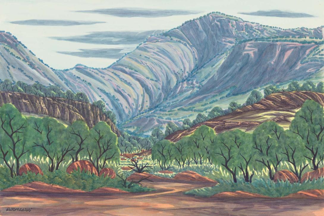 Artwork Mt Hermannsburg this artwork made of Watercolour with board backing, created in 2011-01-01