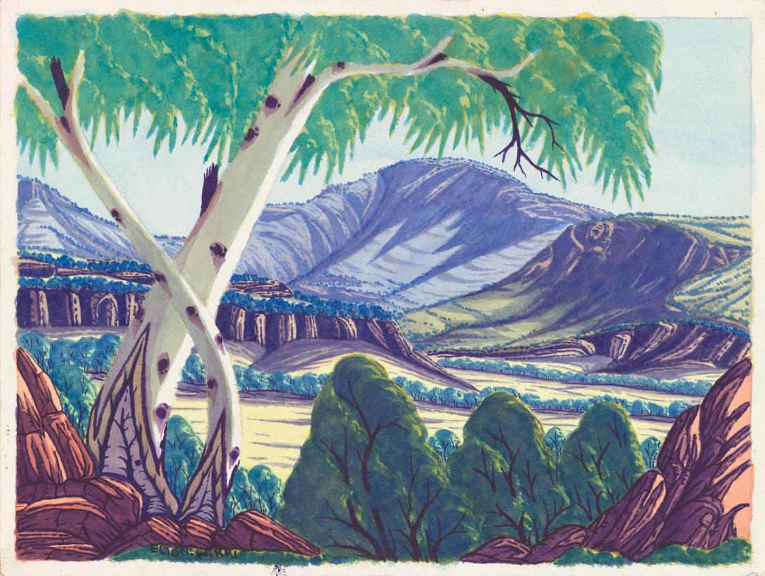 A watercolour painting of Mt Hermannsburg with a gum tree in the foreground.