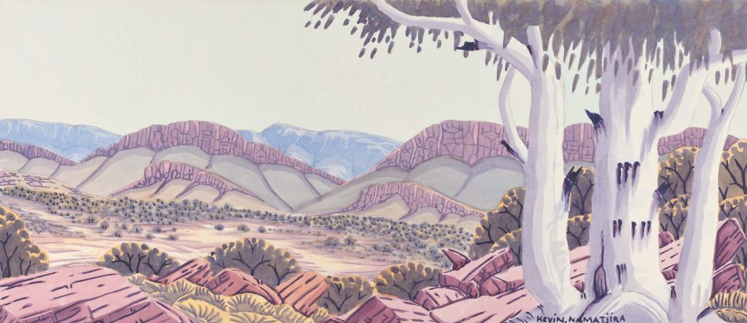 Artwork MacDonnell Ranges this artwork made of Watercolour on paper with board backing, created in 2009-01-01