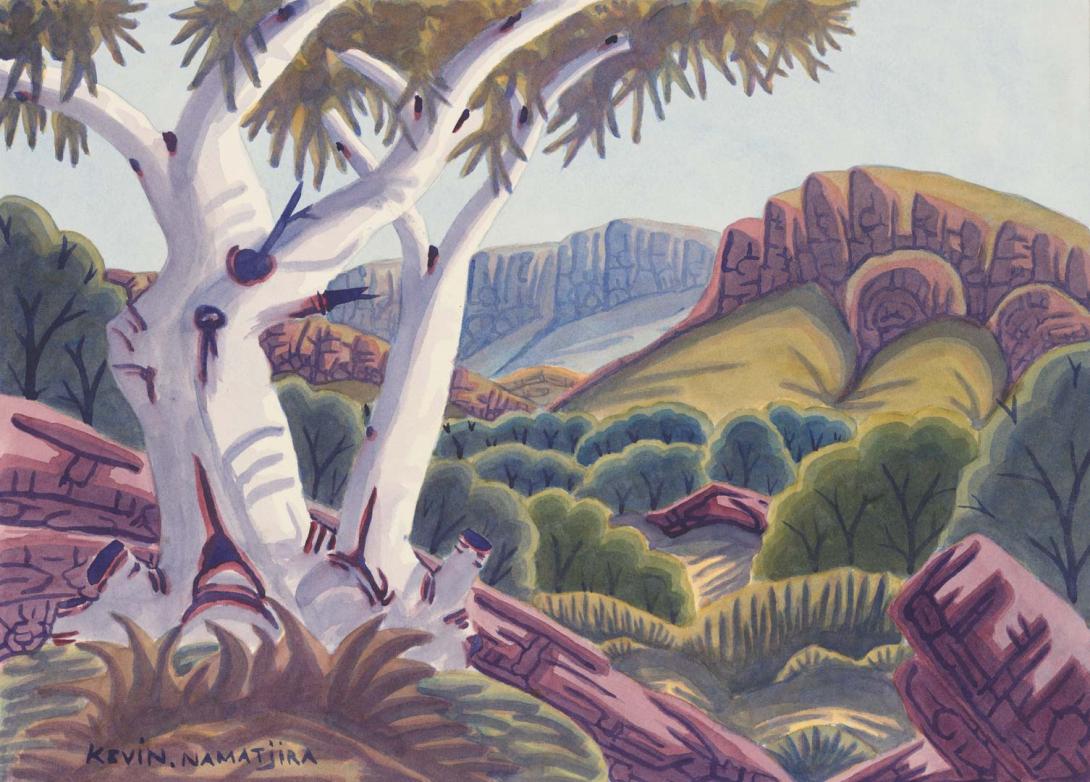 Artwork West MacDonnell Ranges this artwork made of Watercolour on paper with board backing, created in 2010-01-01