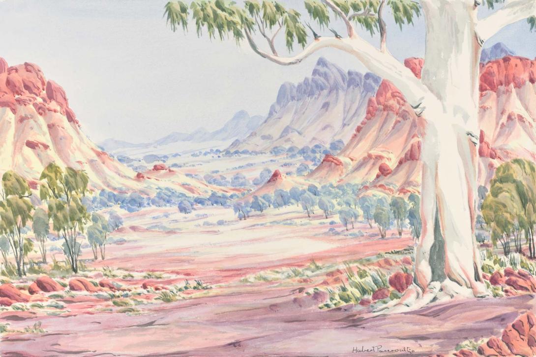 Artwork West MacDonnell Ranges this artwork made of Watercolour on paper with board backing, created in 2010-01-01