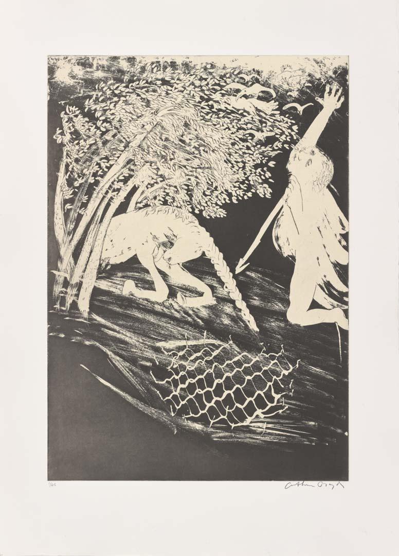 Artwork The lady and the unicorn (portfolio) this artwork made of Etching, aquatint, colour relief, drypoint, plate-tone, typesetting on paper, created in 1975-01-01