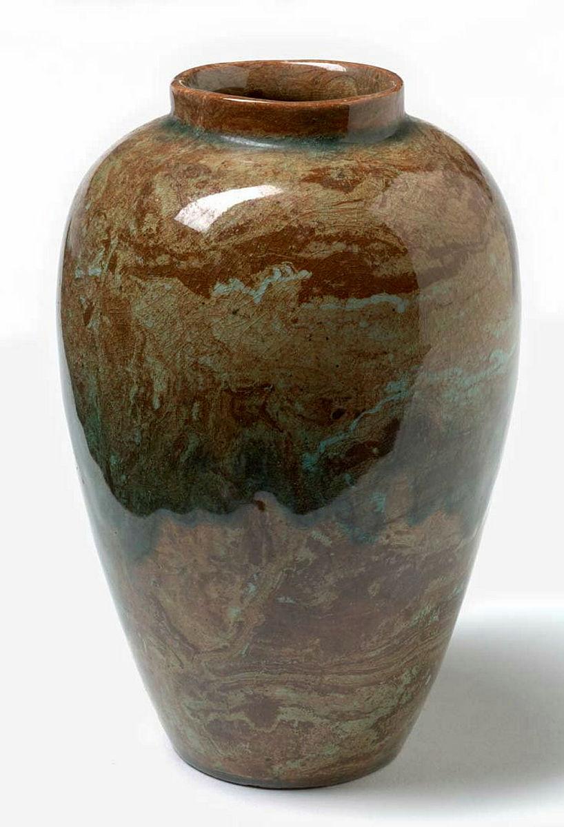 Artwork Large ovoid pot this artwork made of Earthenware, hand built, mixed clay with marbleised clear green glaze, created in 1920-01-01