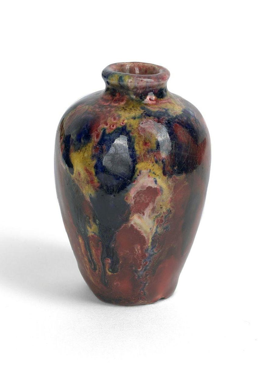 Artwork Miniature ovoid pot this artwork made of Earthenware, slip cast with red and blue glaze, created in 1930-01-01