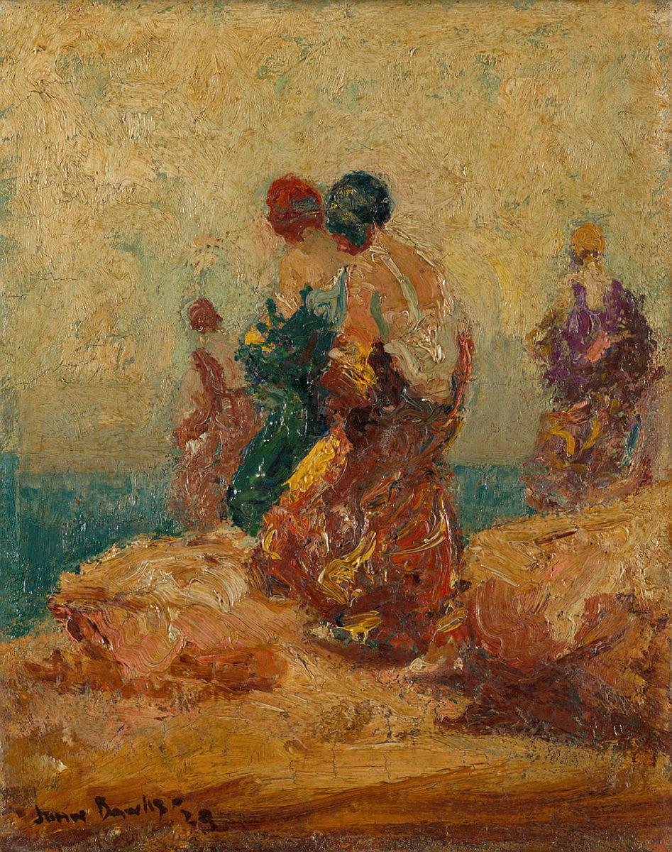 Artwork Three figures on beach this artwork made of Oil on composition board (in LJ Harvey frame), created in 1933-01-01