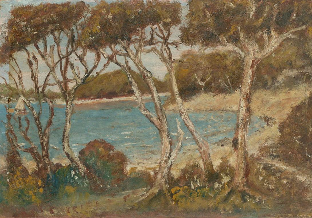 Artwork (Beach scene with trees) this artwork made of Oil on board (in LJ Harvey frame), created in 1925-01-01