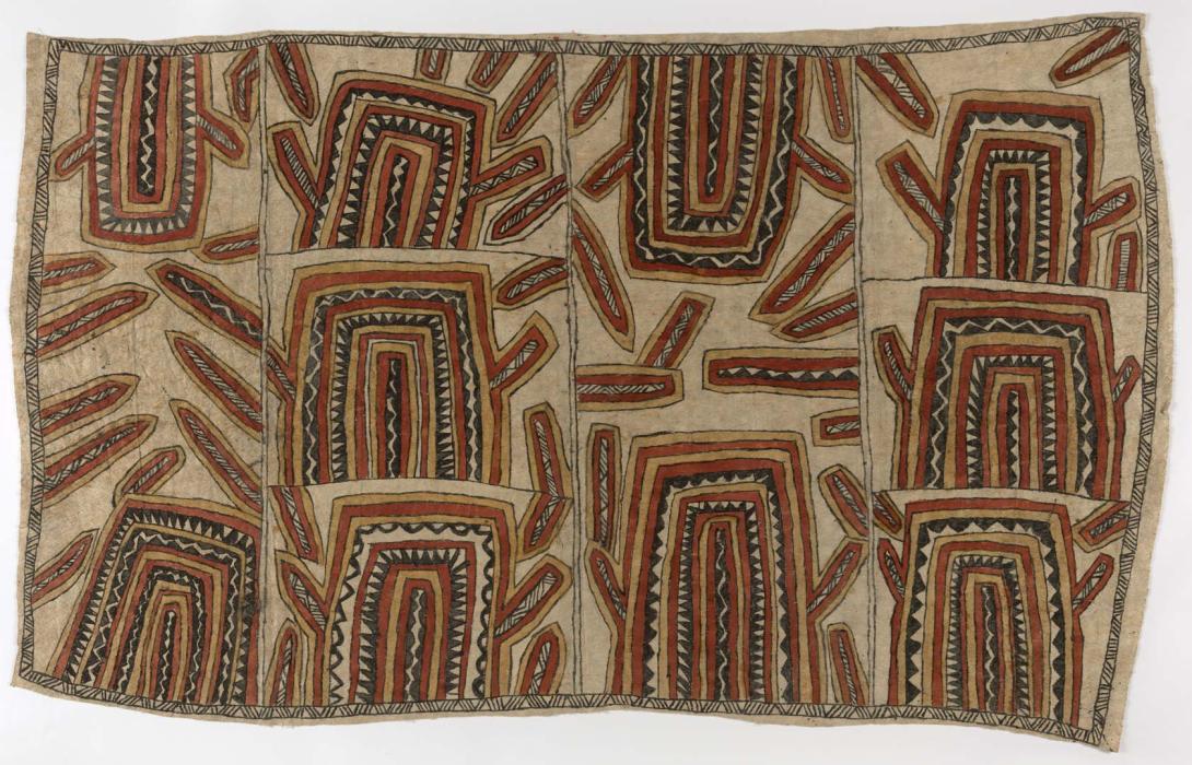 Artwork Tamajai Ohu'o Deb'e (Ancestral tattoo design of the necklace with pandanus fibre string) this artwork made of Natural pigments on barkcloth, created in 2014-01-01