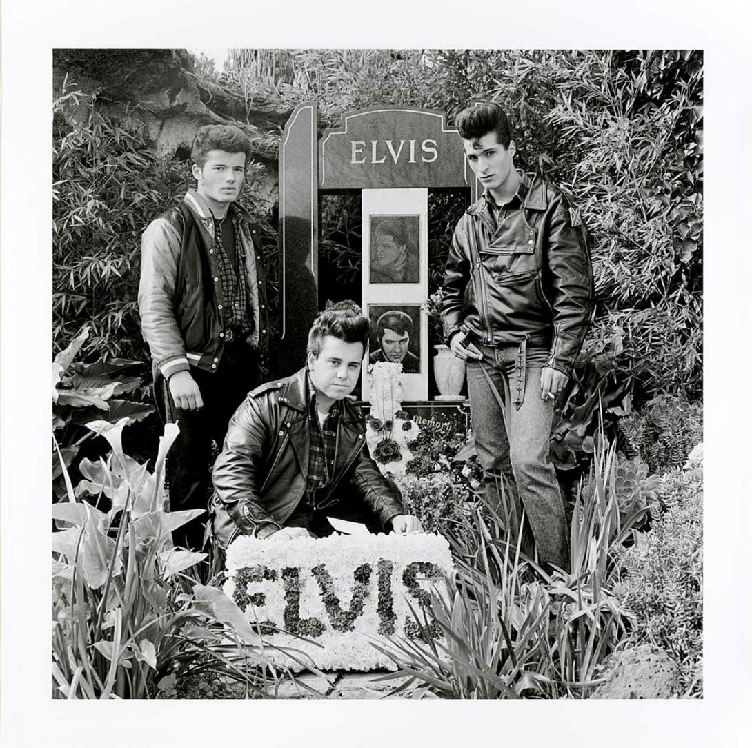 Artwork Three young men with floral tribute on the 14th anniversary of Elvis' death Elvis Memorial Melbourne this artwork made of Pigment ink print on paper, created in 1991-01-01