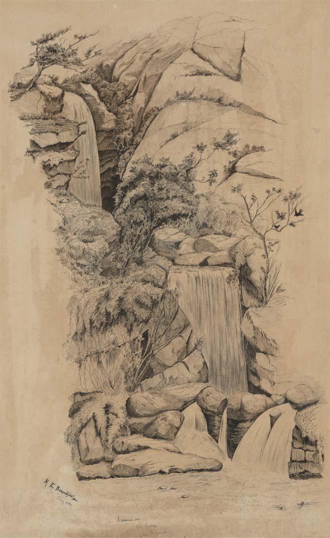 Artwork A scene in the gorge Mt Dryander this artwork made of Pen and ink on paper, created in 1886-01-01