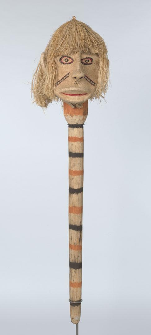 Artwork Irhu and Sapki (pole) this artwork made of Irhu mask and pole: barkcloth with natural pigments, cane, wood, bark twine, created in 2017-01-01