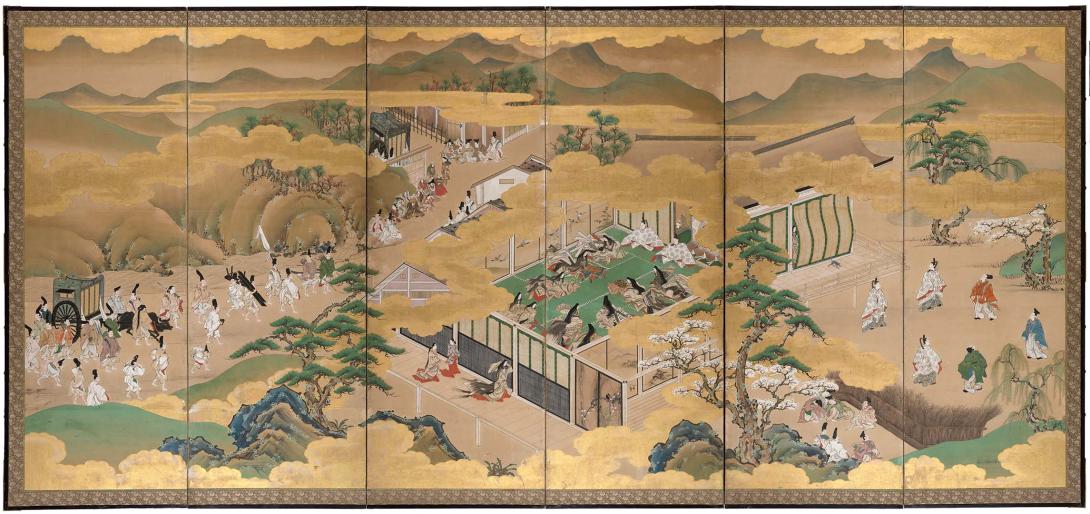 Artwork Six-fold screen with scenes from Genji Monogatari (Tale of Genji) this artwork made of Gold leaf, ink, tempera on paper on wooden framed screen