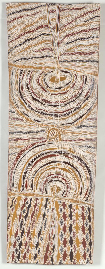 Artwork Burrut’tji this artwork made of Ochre pigments on stringy-bark wood, created in 2007-01-01