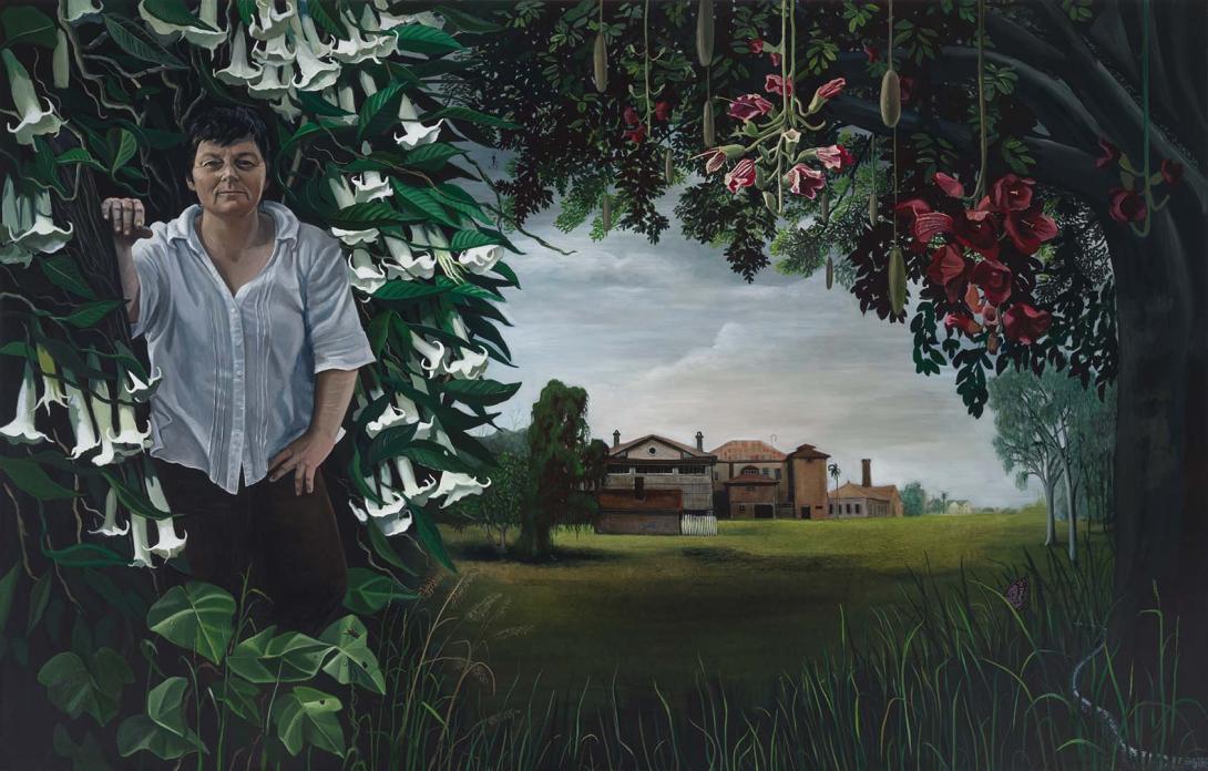 Artwork Portrait of Sue Treweek with a view of Wolston Park this artwork made of Oil on canvas, created in 2013-01-01