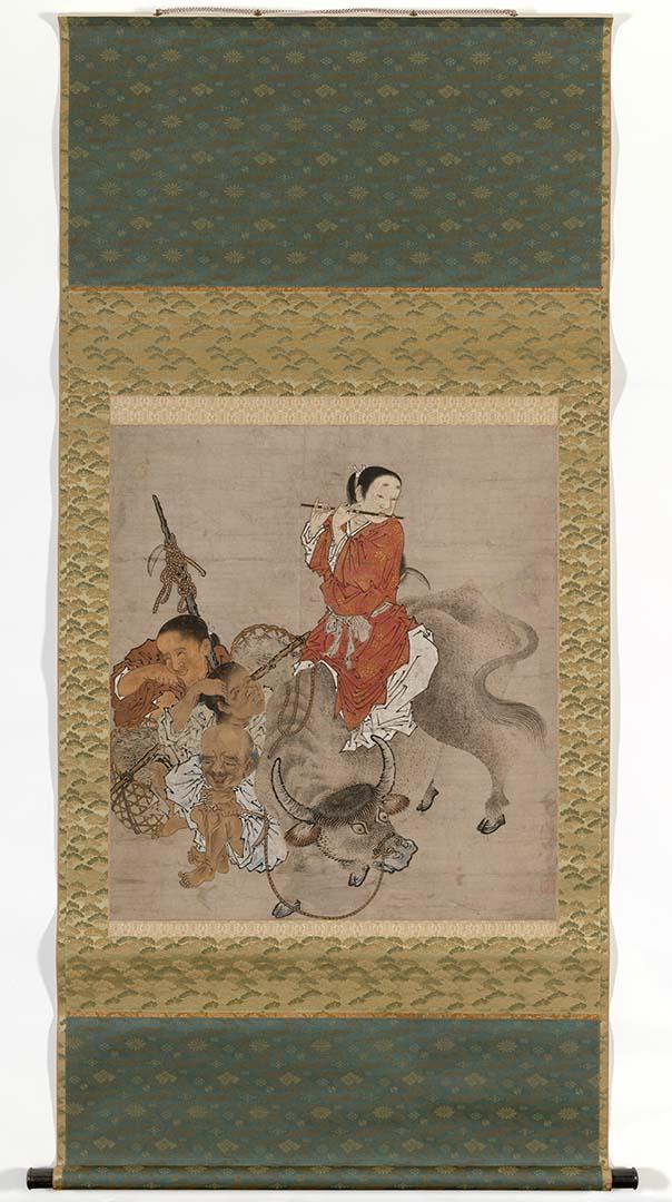 Artwork Hanging scroll: Young man playing a flute on an ox accompanied by three figures this artwork made of Ink and colour on paper