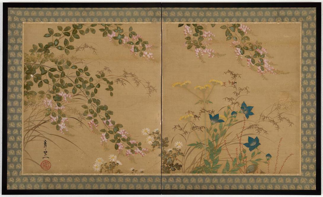 Artwork Small two-fold table screen with autumnal plants this artwork made of Ink and colour on silk on wooden framed screen, created in 1844-01-01