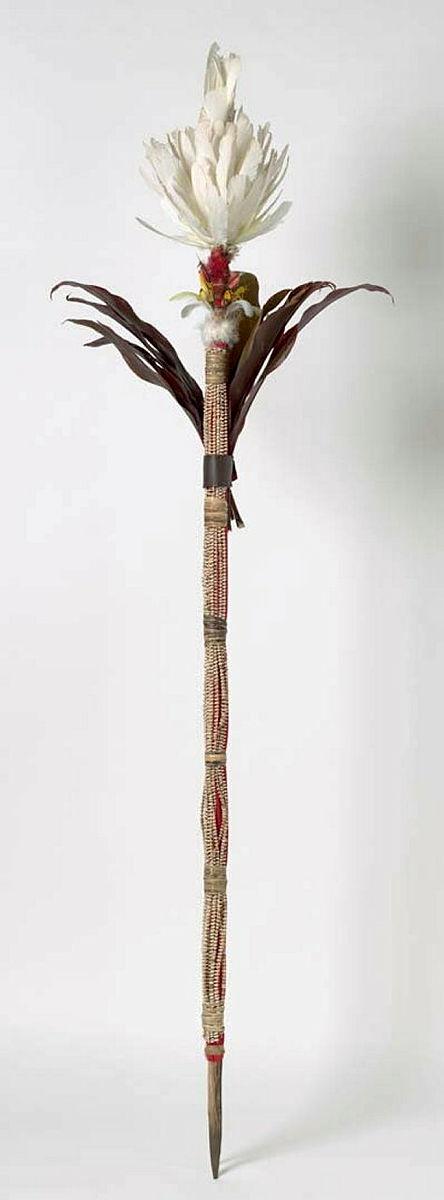 Artwork Rumu (ceremonial spear) this artwork made of Timber, natural fibres and feathers, created in 2018-01-01
