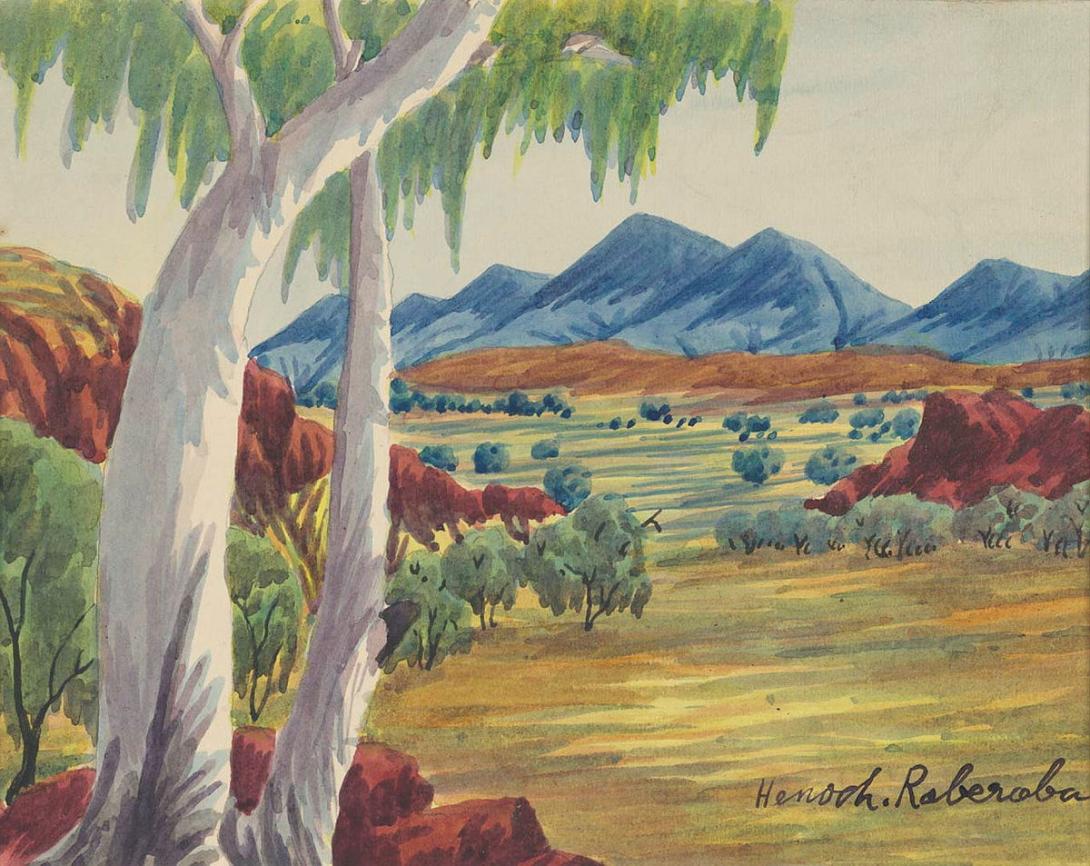 Artwork Central Australian landscape with Ghost Gum this artwork made of Watercolour on paper, created in 1950-01-01