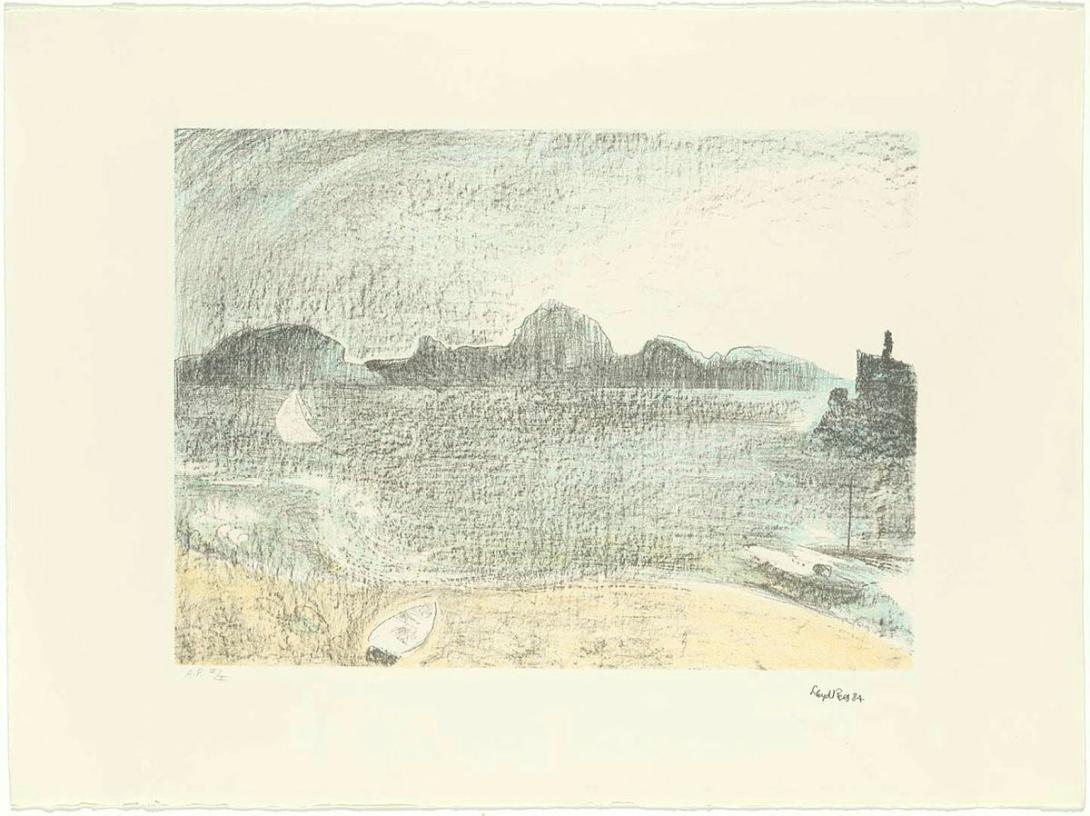 Artwork The dawning - 'A day on the Derwent' 2 (from 'Sandy Bay Set') this artwork made of Colour lithograph, transfer paper to three aluminium plates on paper, created in 1984-01-01