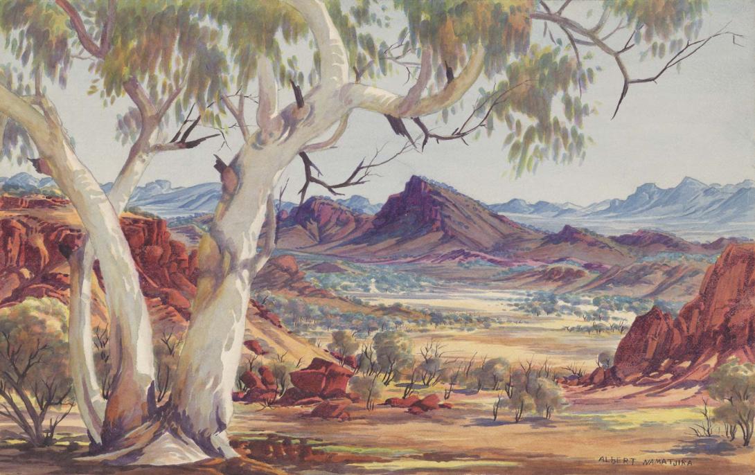 Artwork Untitled (Central Australian landscape) this artwork made of Watercolour and pencil on paper, created in 1950-01-01