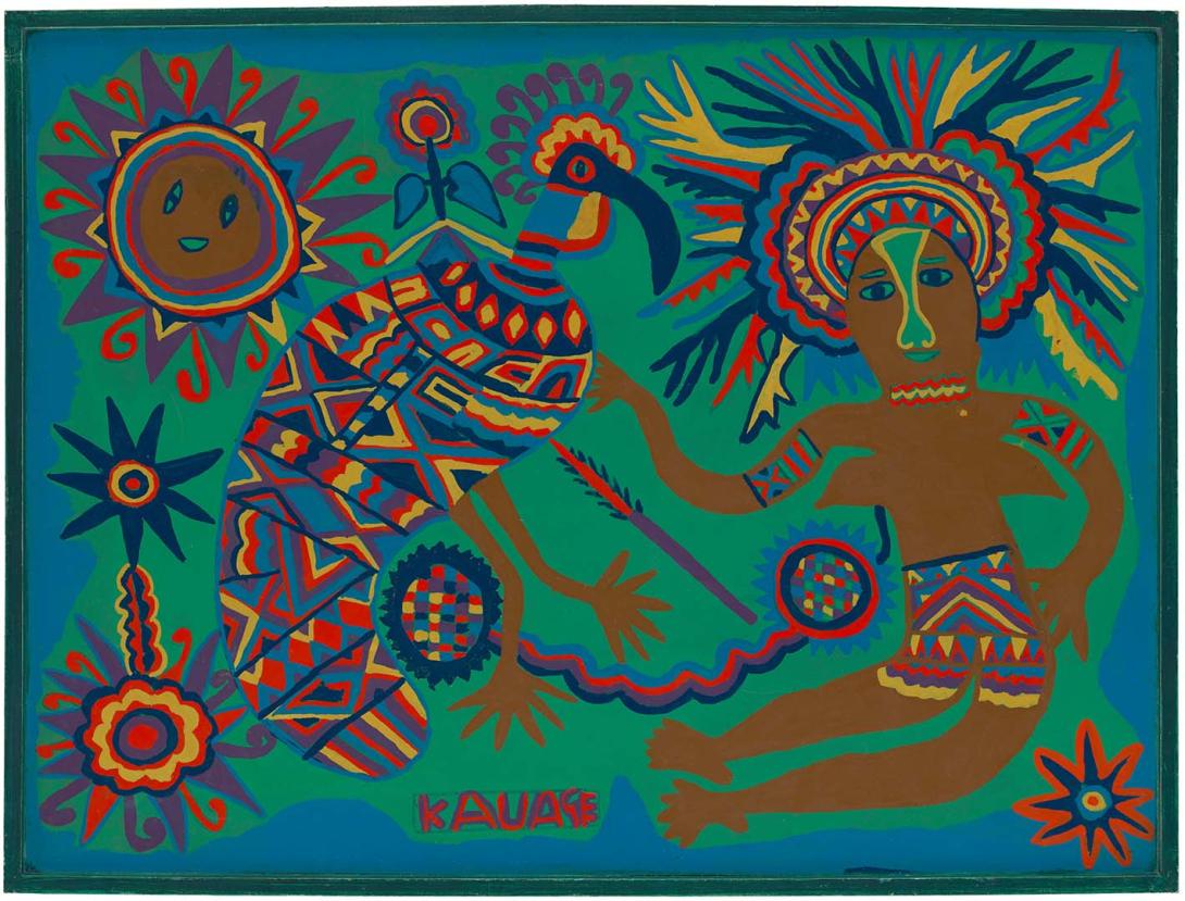 Artwork Meri spearim muruk (Woman spears cassowary) this artwork made of Enamel on composition board, created in 1973-01-01