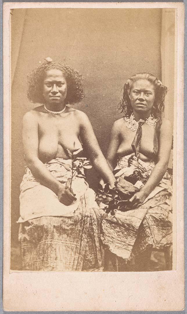 Artwork Tongan women this artwork made of Albumen photograph on paper mounted on card, created in 1865-01-01