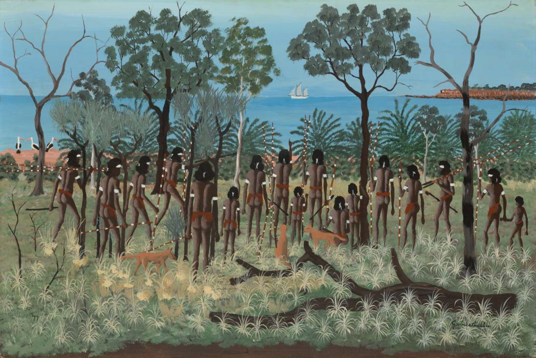 Artwork First Missionary, Mornington Island this artwork made of Synthetic polymer paint