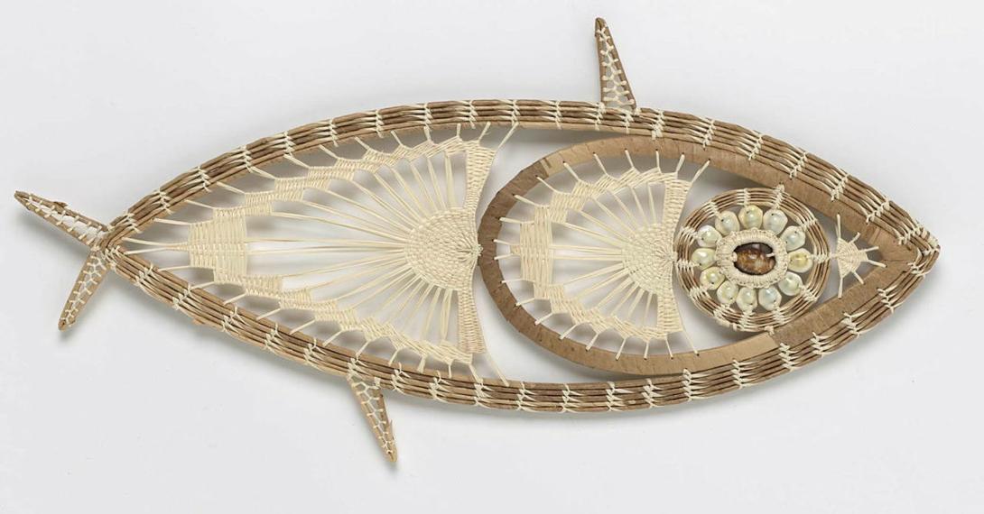 Artwork Ek (fish) this artwork made of Teneriffe needlework: coconut fibre and rib, pandanus leaf and shells, created in 2019-01-01