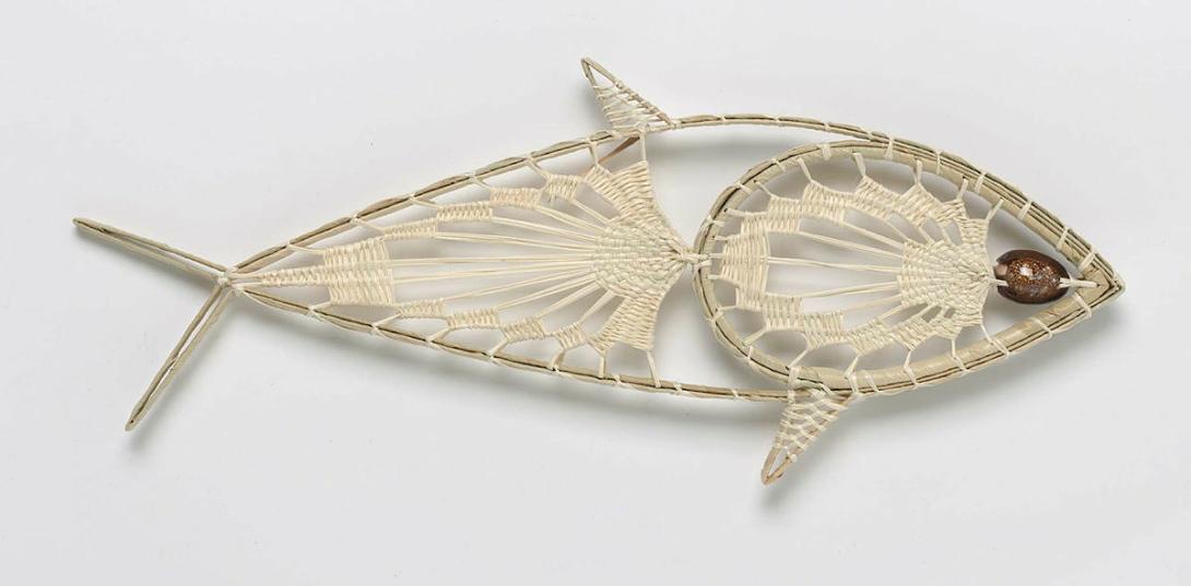 Artwork Ek (fish) this artwork made of Teneriffe needlework: coconut fibre and rib, pandanus leaf and shells, created in 2019-01-01